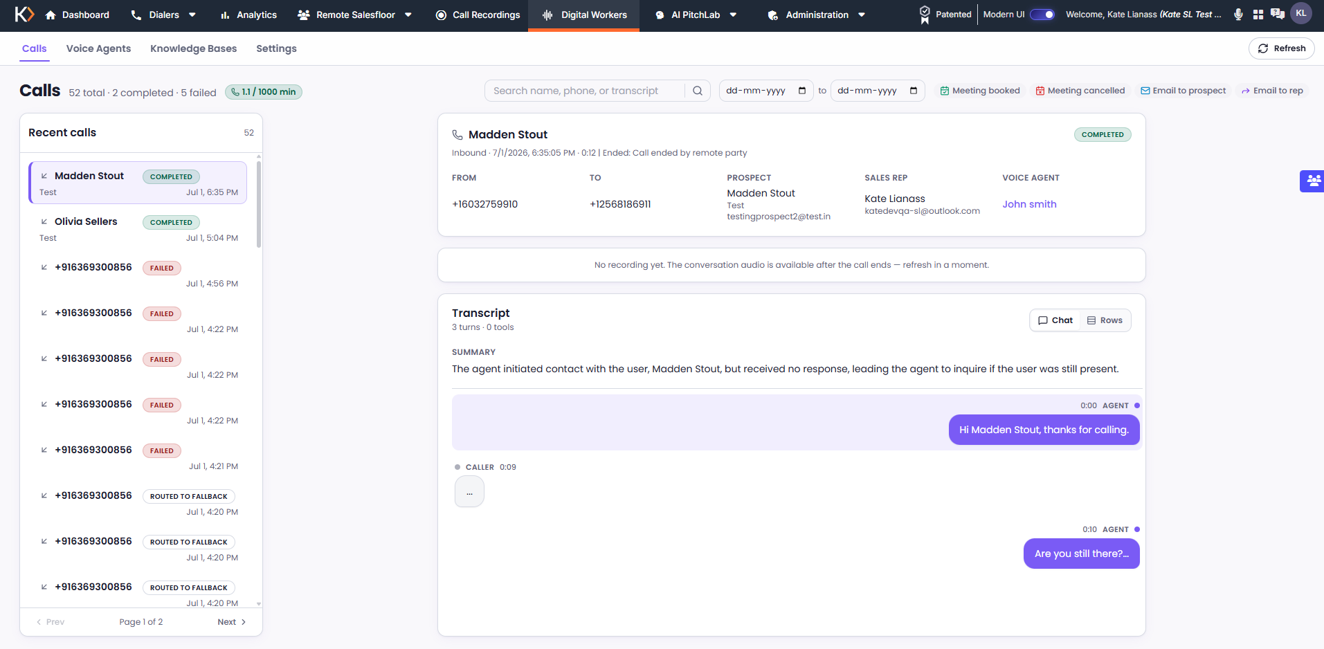 Koncert Voice Agent — call log, transcript and summary